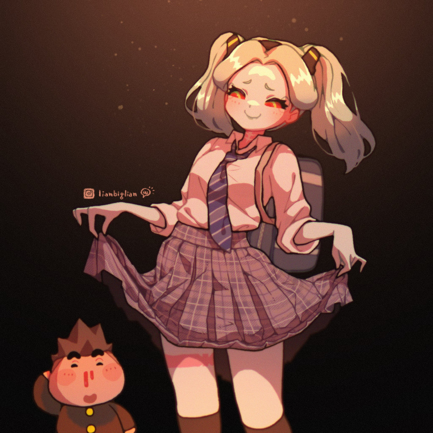 1boy, 1girl, artificial_eye, artist_name, backpack, bag, chibi, colored_sclera