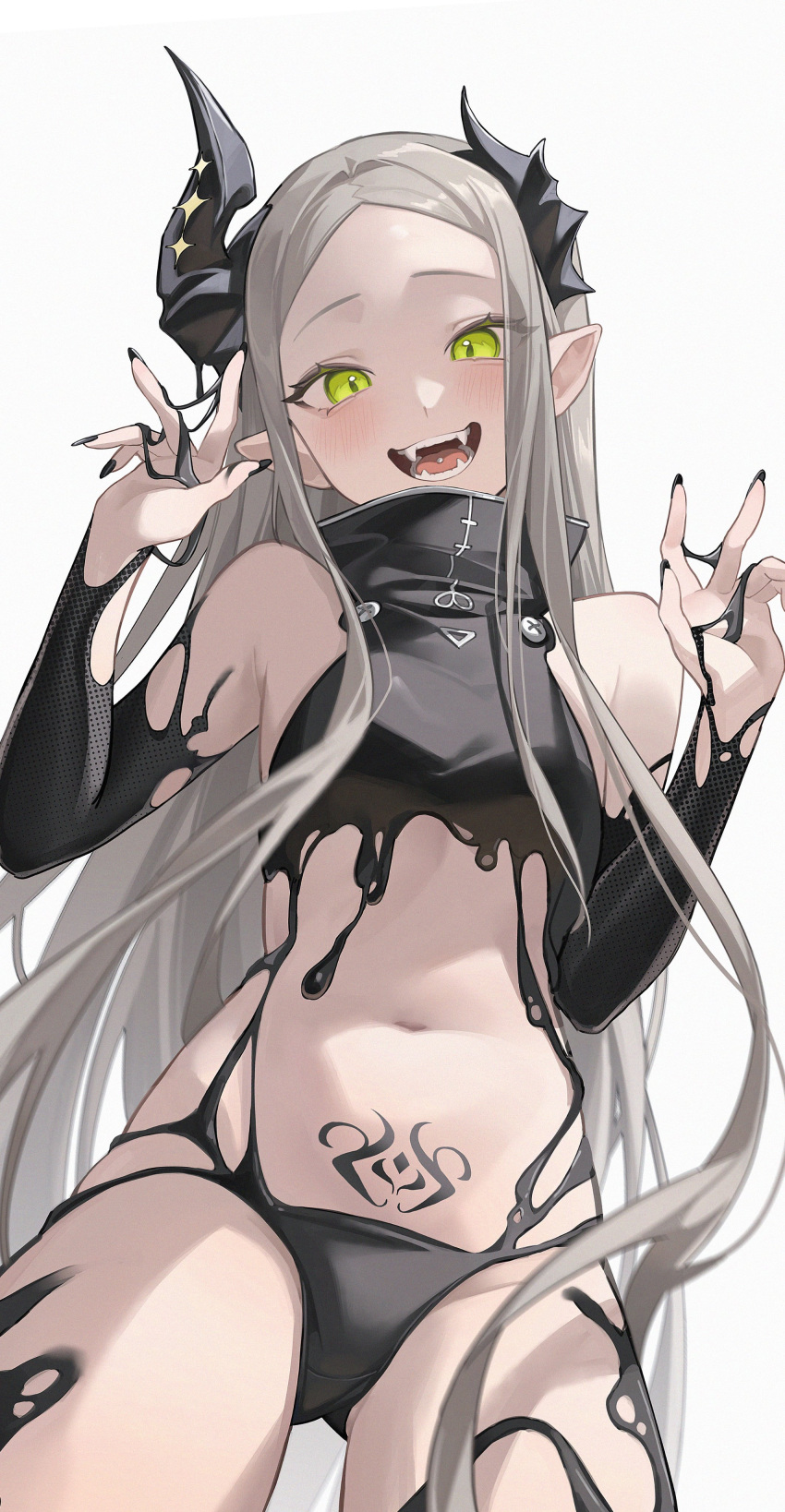 1girl, :d, absurdres, asymmetrical_horns, bare_shoulders, black_horns, black_nails, black_panties