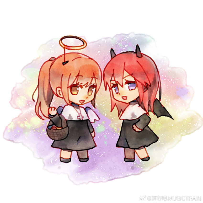 2girls, angel_wings, chibi, degrees_of_lewdity, demon_girl, demon_horns, demon_wings, halo, highres, horns, long_hair, looking_at_viewer, medium_hair, multiple_girls, musictrain, open_mouth, orange_eyes, orange_hair, player_character_(degrees_of_lewdity), ponytail, redhead, smile, sydney_(degrees_of_lewdity), sydney_(female)_(degrees_of_lewdity), violet_eyes, white_wings, wings