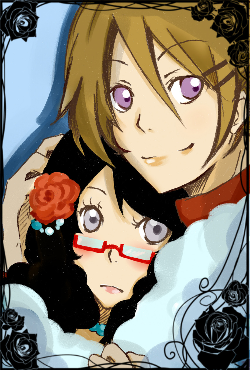 aine_(artist), bad_id, black_hair, blush, braid, brown_hair, crossdressinging, flower