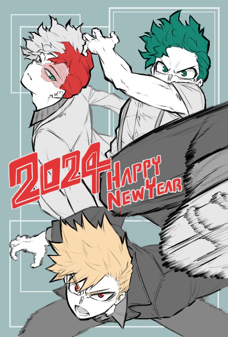 2024, 3boys, bakugou_katsuki, blonde_hair, boku_no_hero_academia, clenched_hand, collared_shirt, fighting_stance