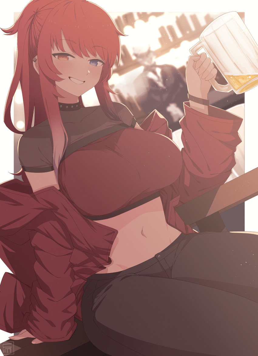 1girl, beer_mug, blue_eyes, blunt_bangs, blurry, blurry_background, breasts, coat