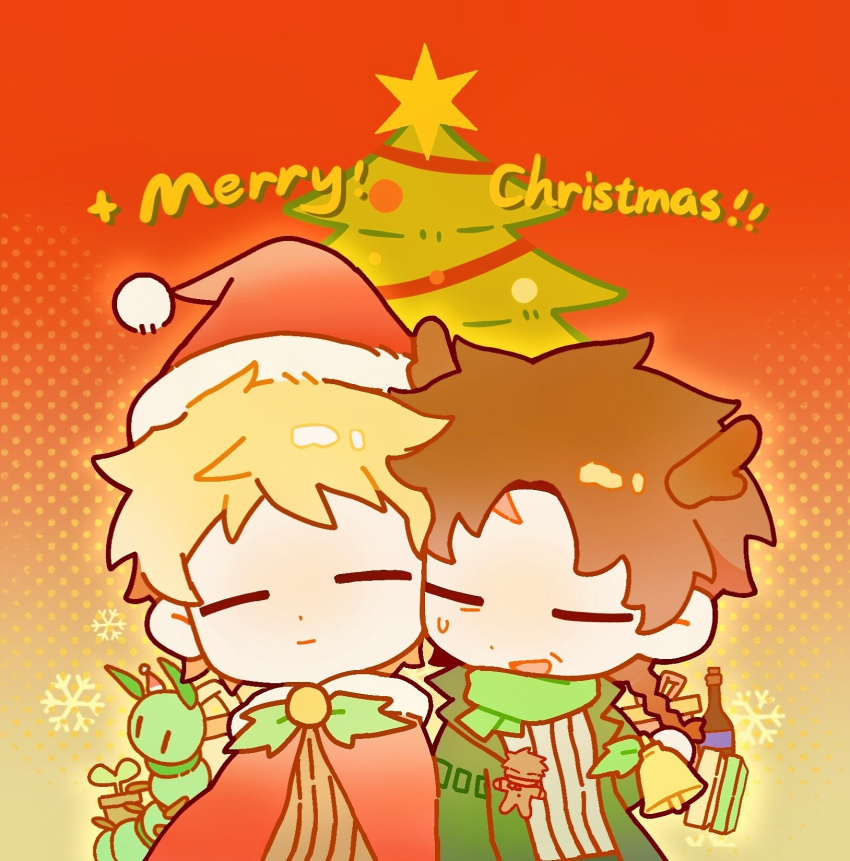 2boys, antlers, atou_haruki, bell, blonde_hair, braid, brown_hair, brown_sweater