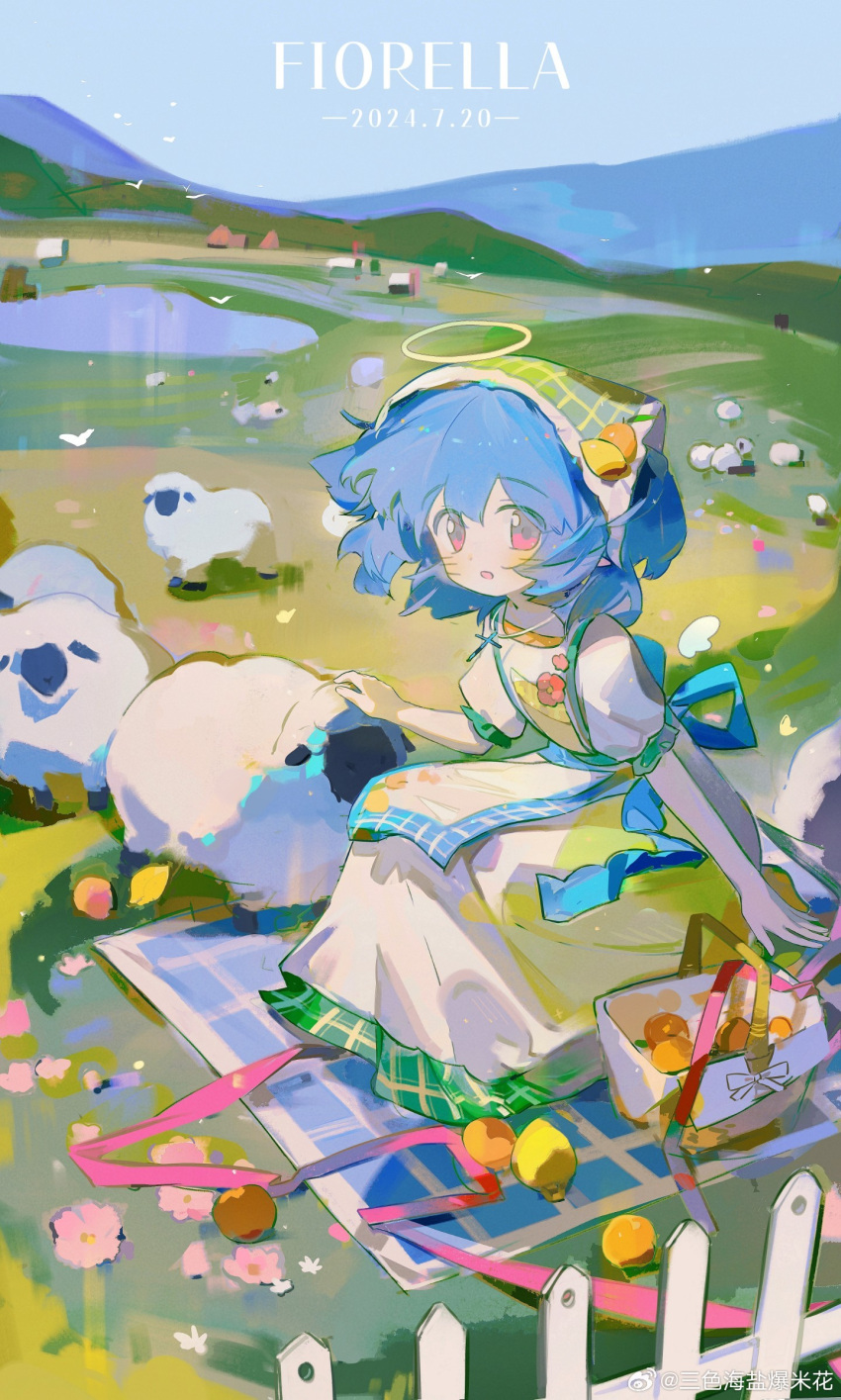 1girl, apron, back_ribbon, bare_arms, blue_hair, blue_ribbon, blue_sky, blush_stickers, chinese_commentary, commentary_request, dated, day, dot_nose, dress, fence, floral_print, flower, food, frilled_dress, frilled_headwear, frilled_sleeves, frills, fruit, fruit_hat_ornament, full_body, green_headscarf, halo, headscarf, highres, hill, lemon, lemon_hat_ornament, long_dress, looking_at_viewer, medium_hair, open_mouth, orange_(fruit), orange_hat_ornament, original, outdoors, petting, picnic_basket, picnic_blanket, pink_eyes, pink_ribbon, plaid_clothes, plaid_headscarf, pond, puffy_short_sleeves, puffy_sleeves, ribbon, sanse_haiyan_baomihua, sheep, short_sleeves, sitting, sky, solo, tareme, title, traditional_halo, two_side_up, waist_apron, weibo_watermark, white_apron, white_dress, white_flower, yellow_halo