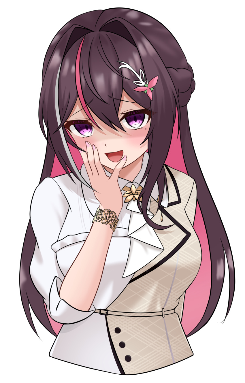 1girl, absurdres, azki_(4th_costume)_(hololive), azki_(hololive), bracelet, brown_hair, collared_dress, colored_inner_hair, cropped_torso, dress, hair_intakes, hair_ornament, hairclip, hand_up, highres, hololive, jewelry, long_hair, looking_at_viewer, mole, mole_under_eye, multicolored_hair, official_alternate_costume, official_alternate_hairstyle, open_mouth, pink_hair, puffy_sleeves, shaded_face, sidelocks, simple_background, sleeves_past_elbows, smile, solo, streaked_hair, upper_body, very_long_hair, violet_eyes, virtual_youtuber, white_background, white_dress, white_hair, yandere, zakitaku8311