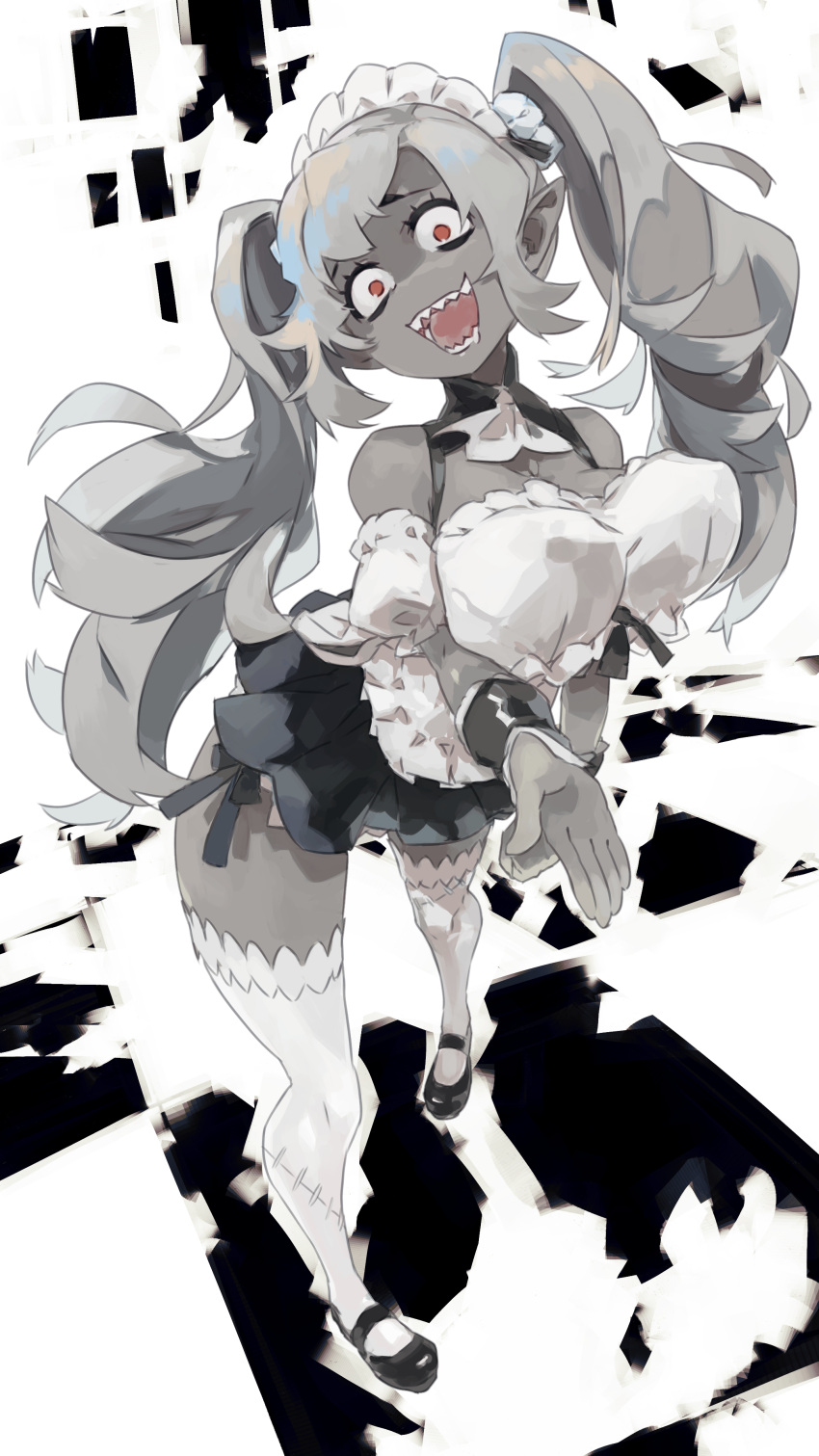 1girl, absurdres, black_footwear, breasts, colored_skin, detached_collar, disgaea, grey_hair