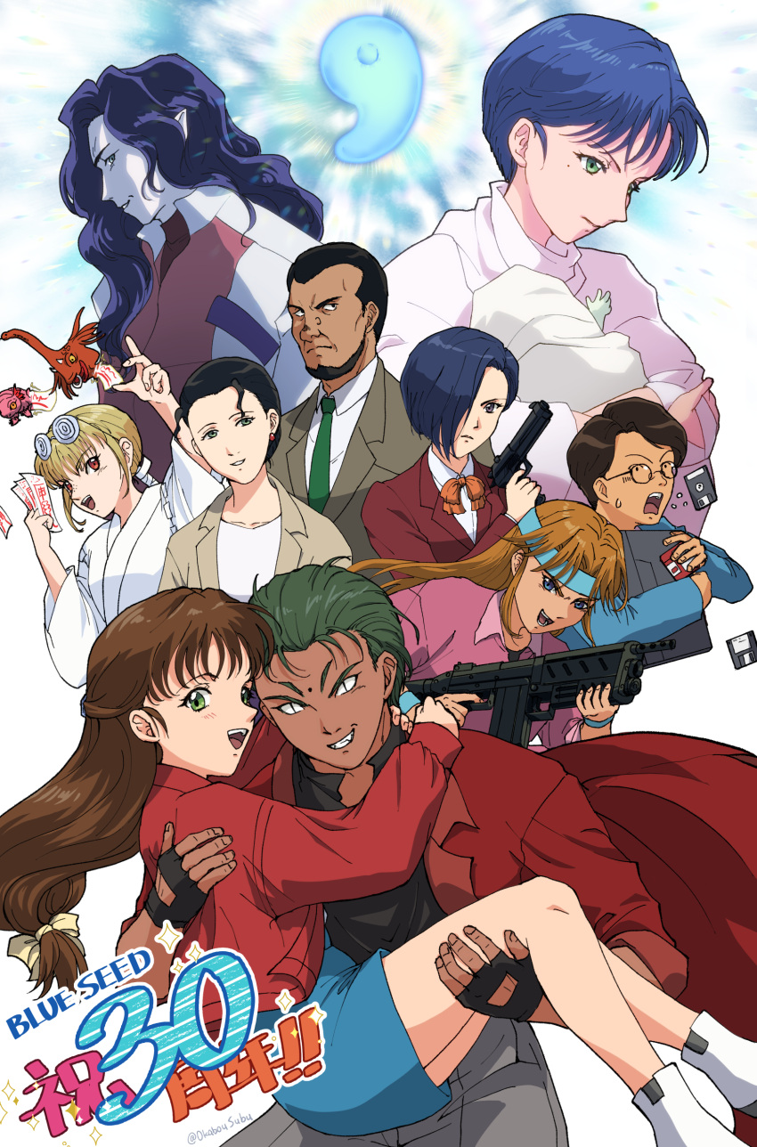 absurdres, anniversary, beard, black_shirt, blonde_hair, blue_eyes, blue_hair, blue_seed