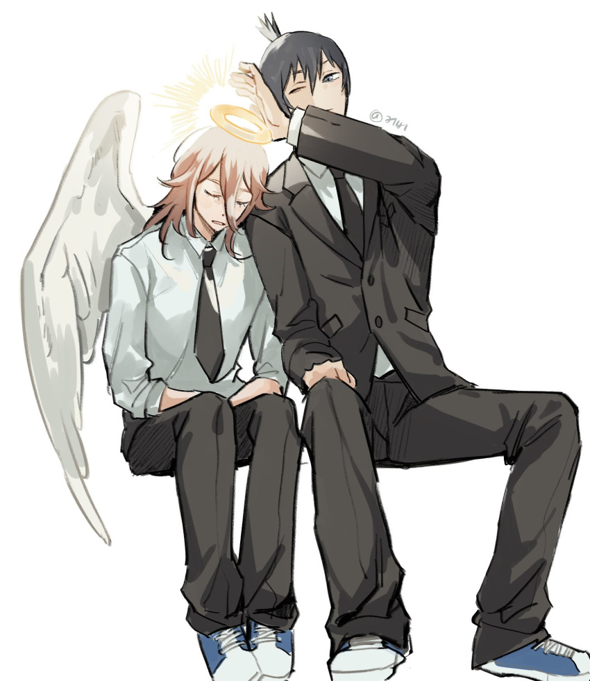 2boys, angel_devil_(chainsaw_man), angel_wings, black_hair, black_jacket, black_necktie, black_pants, black_suit