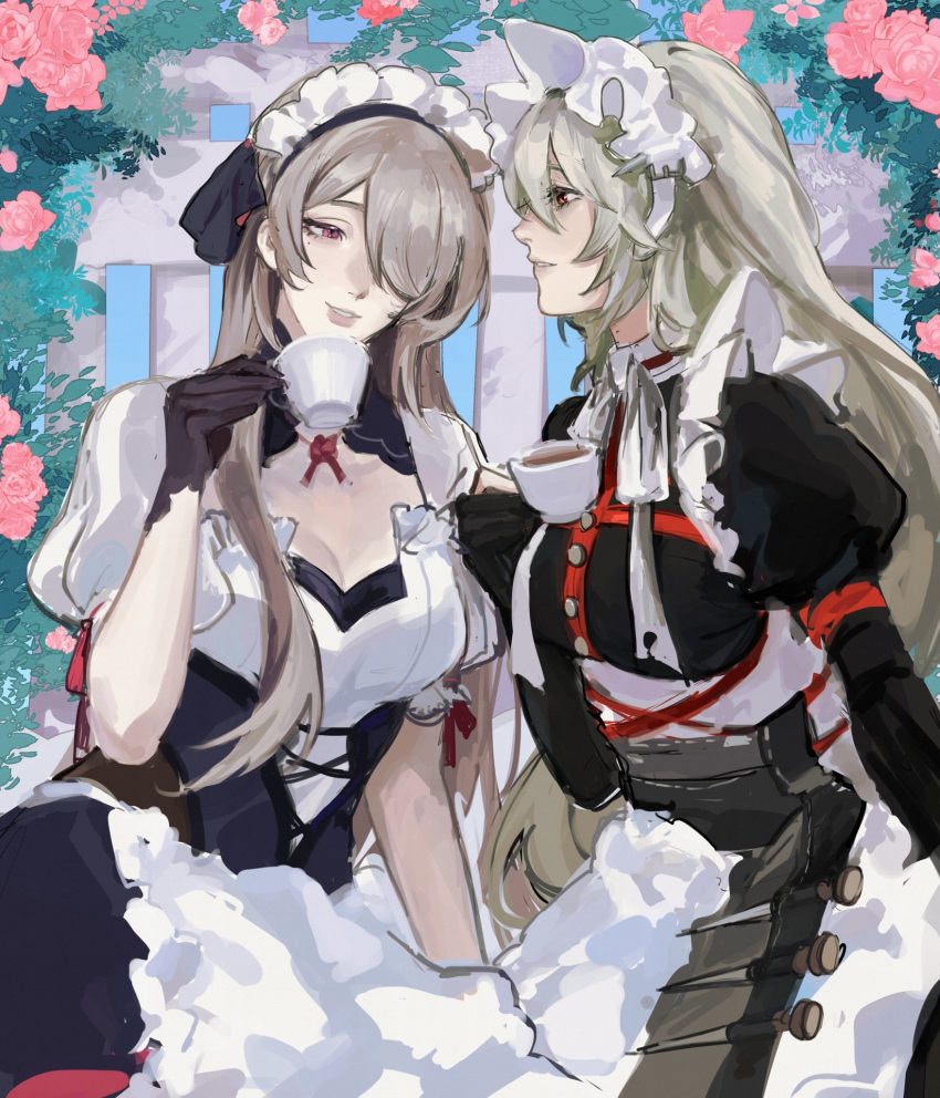 2girls, alexandrina_sebastiane, black_dress, black_gloves, brown_hair, commentary, company_connection, crossover, crysangria, cup, dress, english_commentary, flower, gloves, hair_over_one_eye, highres, holding, holding_cup, honkai_(series), honkai_impact_3rd, juliet_sleeves, long_hair, long_sleeves, maid, maid_headdress, multiple_girls, official_alternate_costume, parted_lips, pink_flower, pink_rose, puffy_short_sleeves, puffy_sleeves, red_eyes, rita_rossweisse, rita_rossweisse_(fallen_rosemary), rose, short_sleeves, sitting, smile, teacup, trait_connection, very_long_hair, zenless_zone_zero
