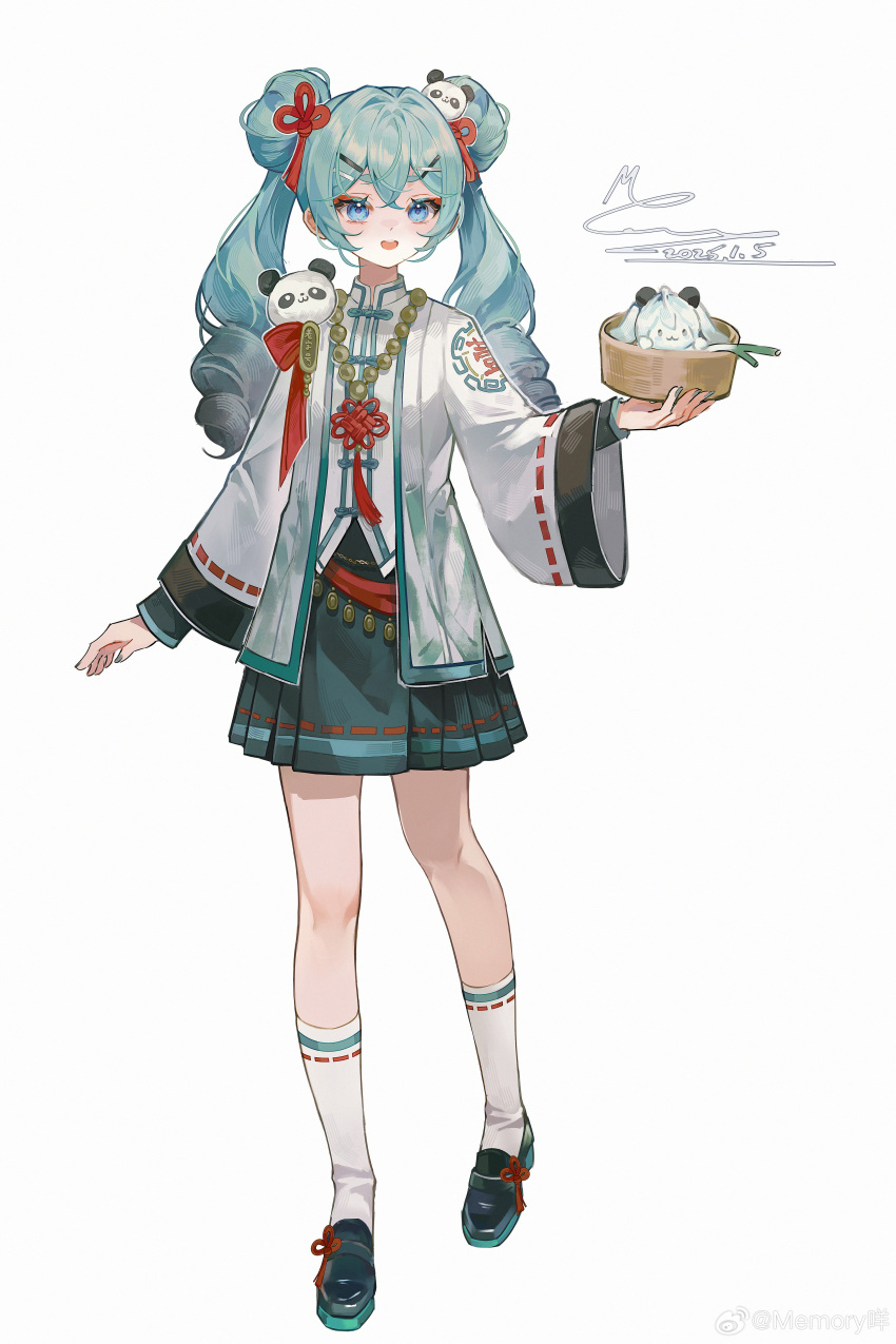 1girl, absurdres, ankle_socks, aqua_eyes, aqua_skirt, bamboo_steamer, bead_necklace, beads, black_footwear, blue_eyes, bow, character-themed_food, chinese_clothes, collared_shirt, dated, dot_nose, double_bun, drill_hair, eyelashes, flower_knot, footwear_ribbon, full_body, hair_bun, hair_ornament, hair_ribbon, hairclip, happy, hatsune_miku, highres, holding_bamboo_steamer, indoors, jacket, jewelry, knees, layered_sleeves, light_blush, long_hair, long_sleeves, looking_at_viewer, mie_haha, necklace, open_clothes, open_jacket, open_mouth, panda_hair_ornament, pleated_skirt, red_bow, red_ribbon, ribbon, ribbon-trimmed_sleeves, ribbon-trimmed_socks, ribbon_trim, shirt, shoes, signature, simple_background, skirt, smile, socks, solo, standing, tassel, tassel_hair_ornament, teeth, twin_drills, twintails, upper_teeth_only, vocaloid, weibo_watermark, white_background, white_jacket, white_shirt, white_socks, wide_sleeves, x_hair_ornament
