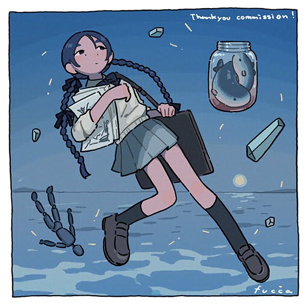 1girl, black_footwear, blue_bow, blue_bowtie, blue_hair, blue_skirt, blue_sky, blue_socks