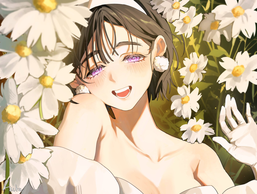 1girl, alien_stage, bare_shoulders, black_hair, blush, collarbone, commentary, daisy