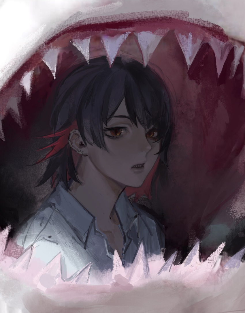1girl, black_hair, collared_shirt, colored_inner_hair, commentary, crysangria, ellen_joe, english_commentary