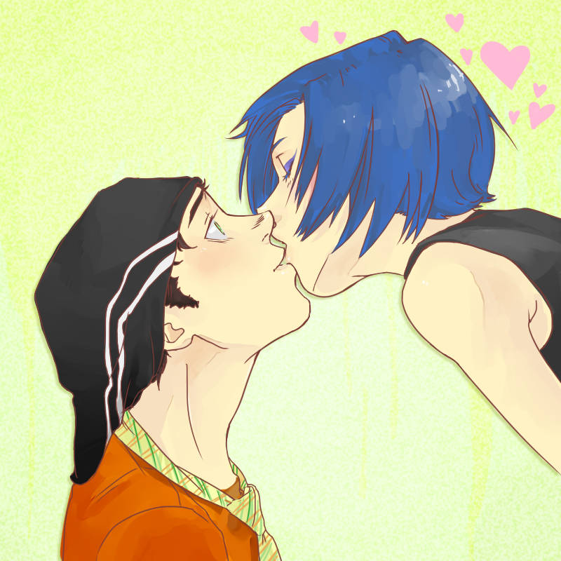 1boy, 1girl, beanie, black_hair, black_tank_top, blue_hair, bowtie, closed_eyes