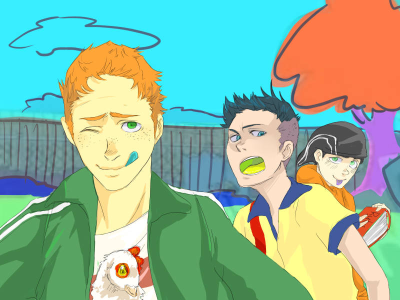 3boys, animal, beanie, black_hair, blue_hair, book, cartoon_network, chicken