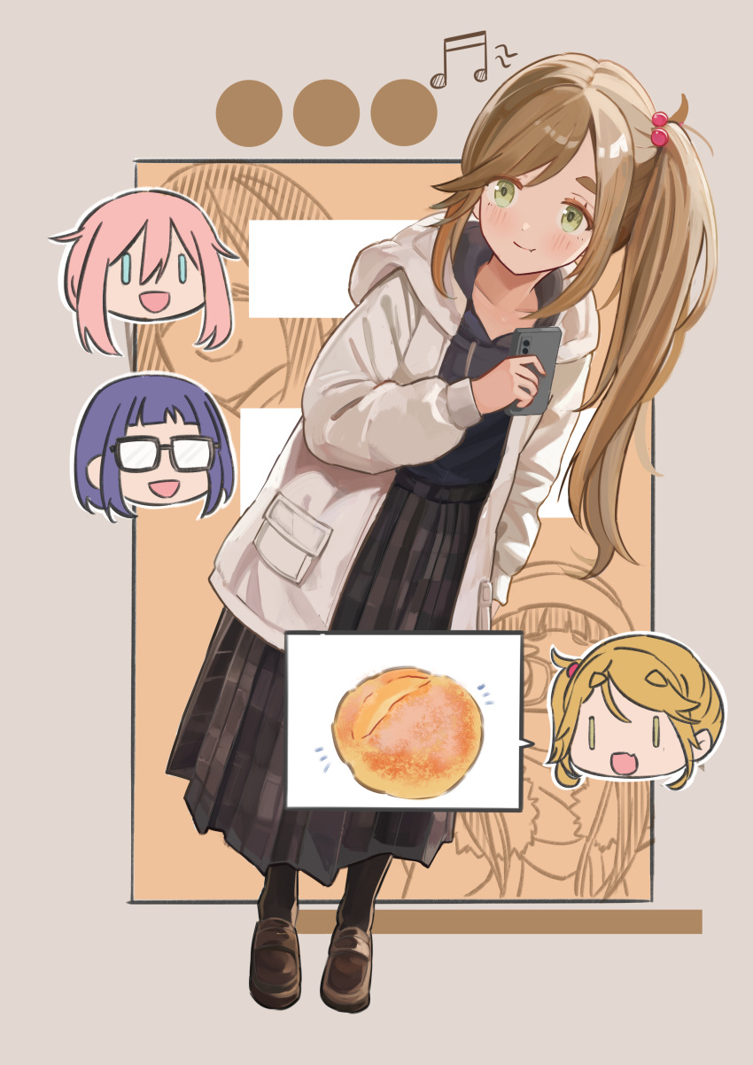 3girls, absurdres, blonde_hair, cellphone, chibi, chibi_inset, fang, food