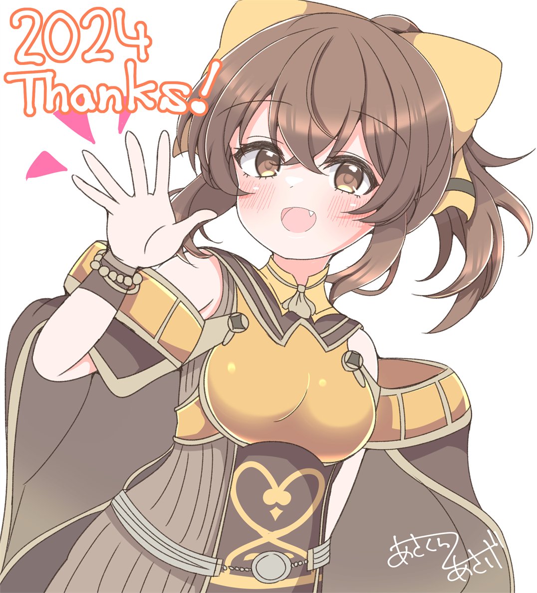 2024, :d, asage_(asgsn), bare_shoulders, blush, bow, brown_cape, brown_eyes
