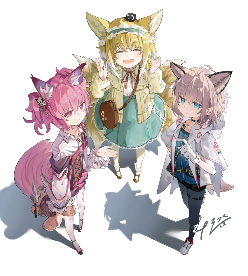 3girls, absurdres, animal_ears, arknights, blonde_hair, blue_eyes, closed_eyes, closed_mouth