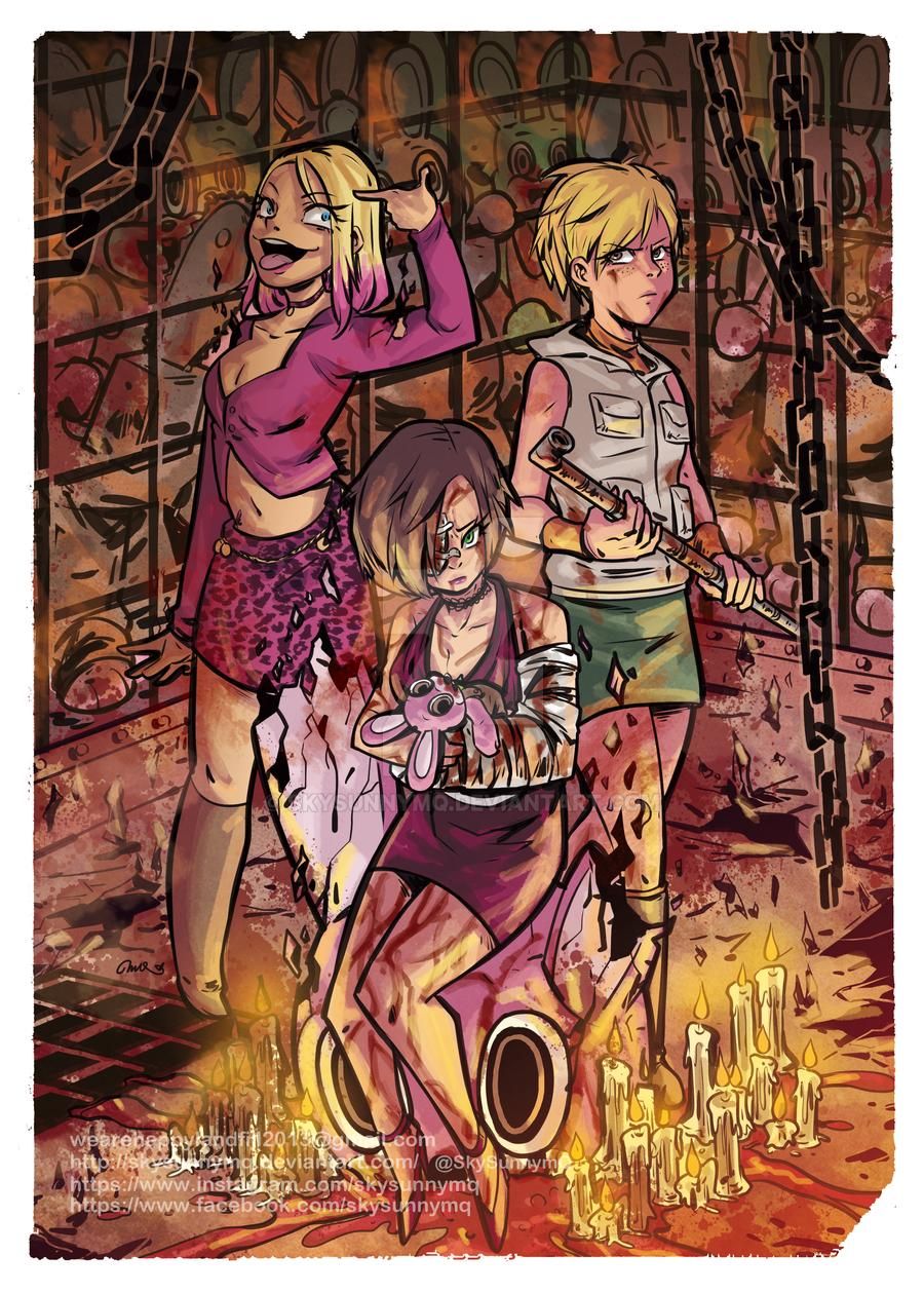 3girls, bandaged_arm, bandages, blonde, blonde_hair, blood, blood_on_leg, candle