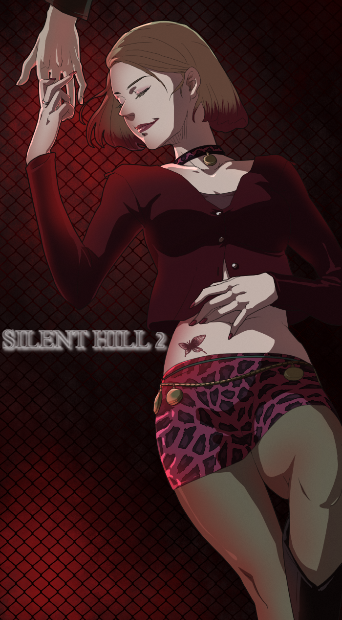 1girl, artist_request, blonde_hair, butterfly_tattoo, cardigan, choker, closed_eyes, horror_(theme)