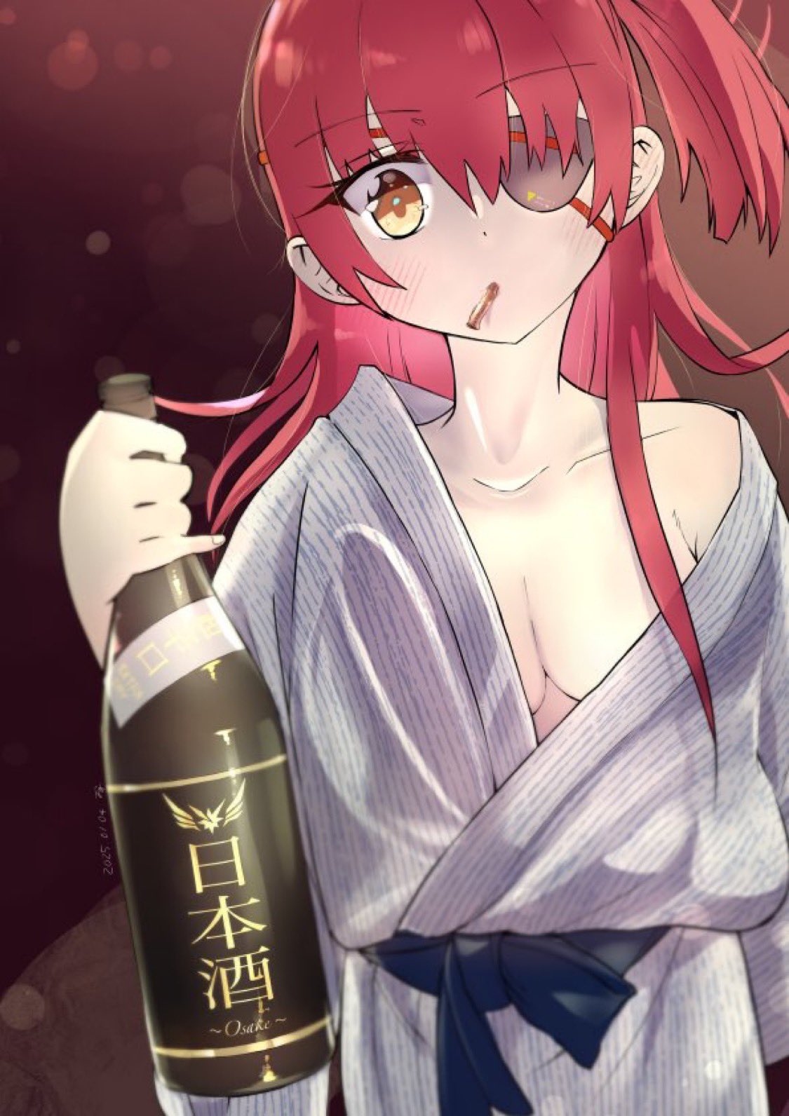 1girl, ahoge, asami_makiko_(heaven_burns_red), blush, bottle, breasts, collarbone, eyepatch, heaven_burns_red, highres, japanese_clothes, kimono, long_hair, off_shoulder, ogayan0301, redhead, solo, wine_bottle, yellow_eyes, yukata