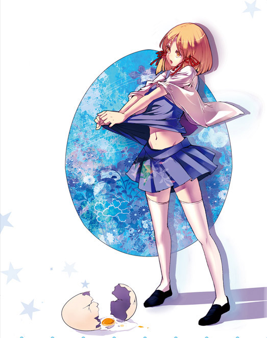 blonde_hair, cercis, egg, egg_yolk, midriff, moriya_suwako, navel, open_mouth