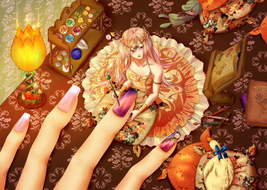 blonde_hair, book, bow, dress, duck, fingers, flower, gray312