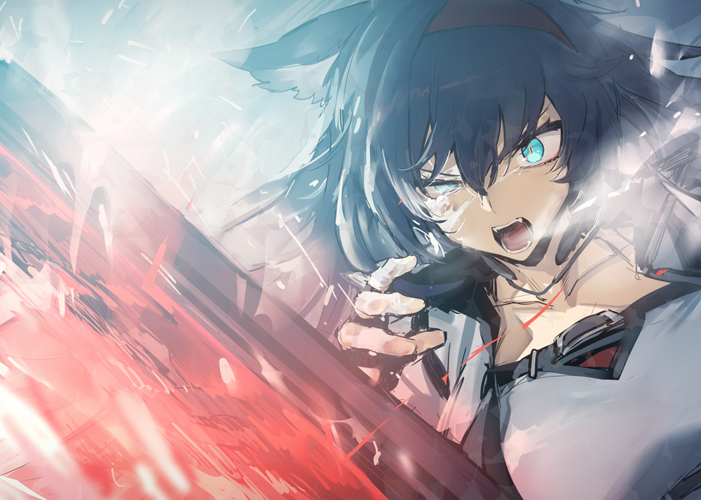 1girl, animal_ears, aqua_eyes, arknights, black_hair, blaze_(arknights), breasts, cat_ears