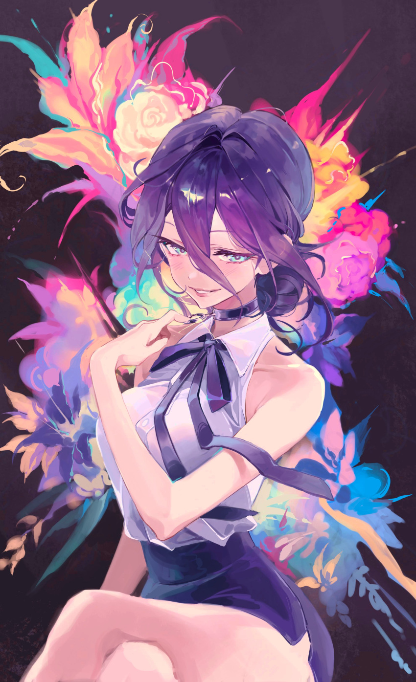 1girl, absurdres, armpit_crease, bare_shoulders, black_ribbon, blush, blush_stickers, breasts, chainsaw_man, choker, collarbone, collared_shirt, coloringday, cowboy_shot, cropped_shoulders, crossed_legs, green_eyes, hair_between_eyes, hair_bun, hand_up, high-waist_shorts, highres, looking_at_viewer, medium_breasts, medium_hair, messy_hair, neck_ribbon, parted_lips, pulling_own_clothes, purple_hair, reze_(chainsaw_man), ribbon, shirt, shirt_tucked_in, shorts, single_hair_bun, sleeveless, sleeveless_shirt, smile, solo, thighs, white_shirt