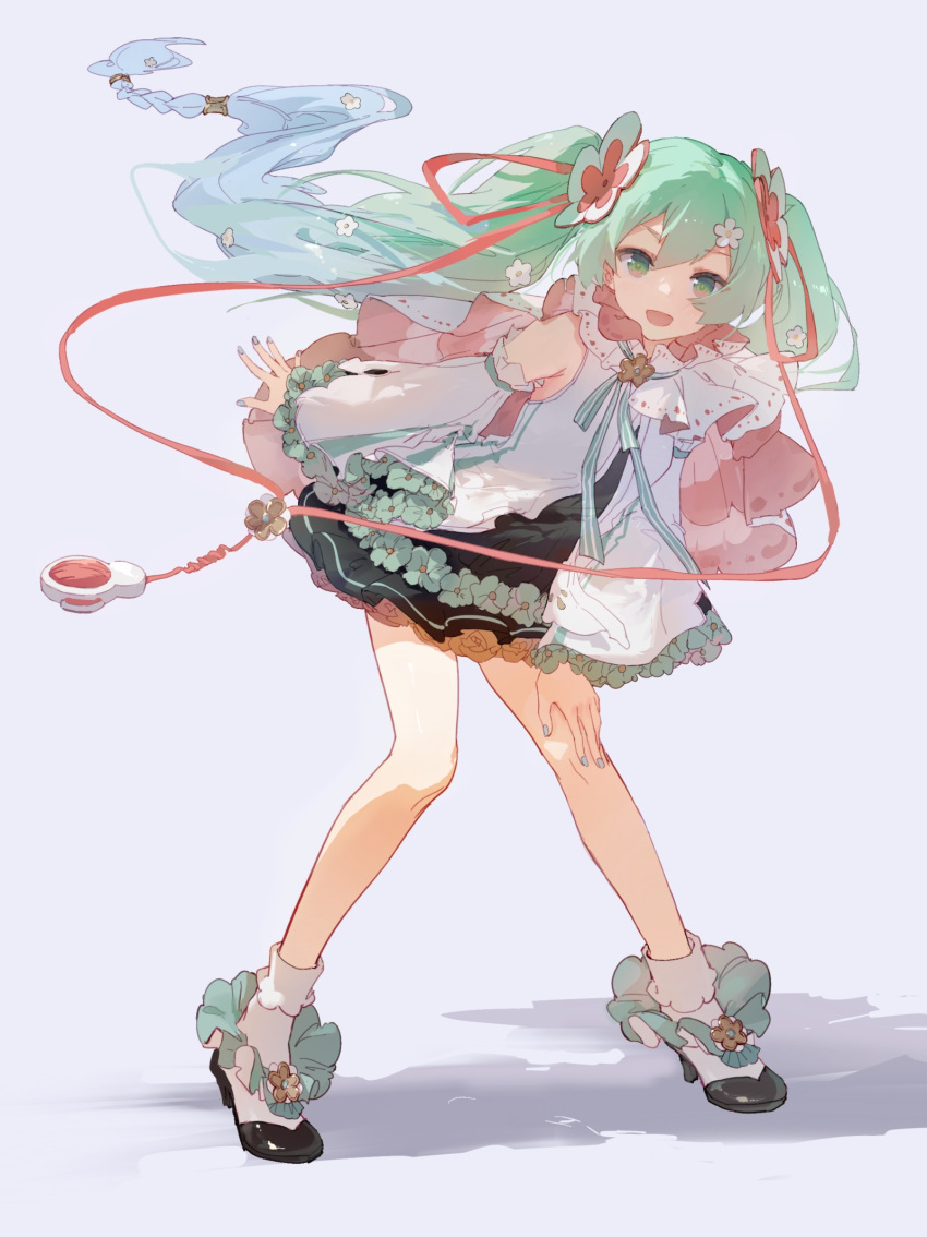 1girl, ankle_socks, black_skirt, commentary, detached_sleeves, full_body, green_eyes, green_hair