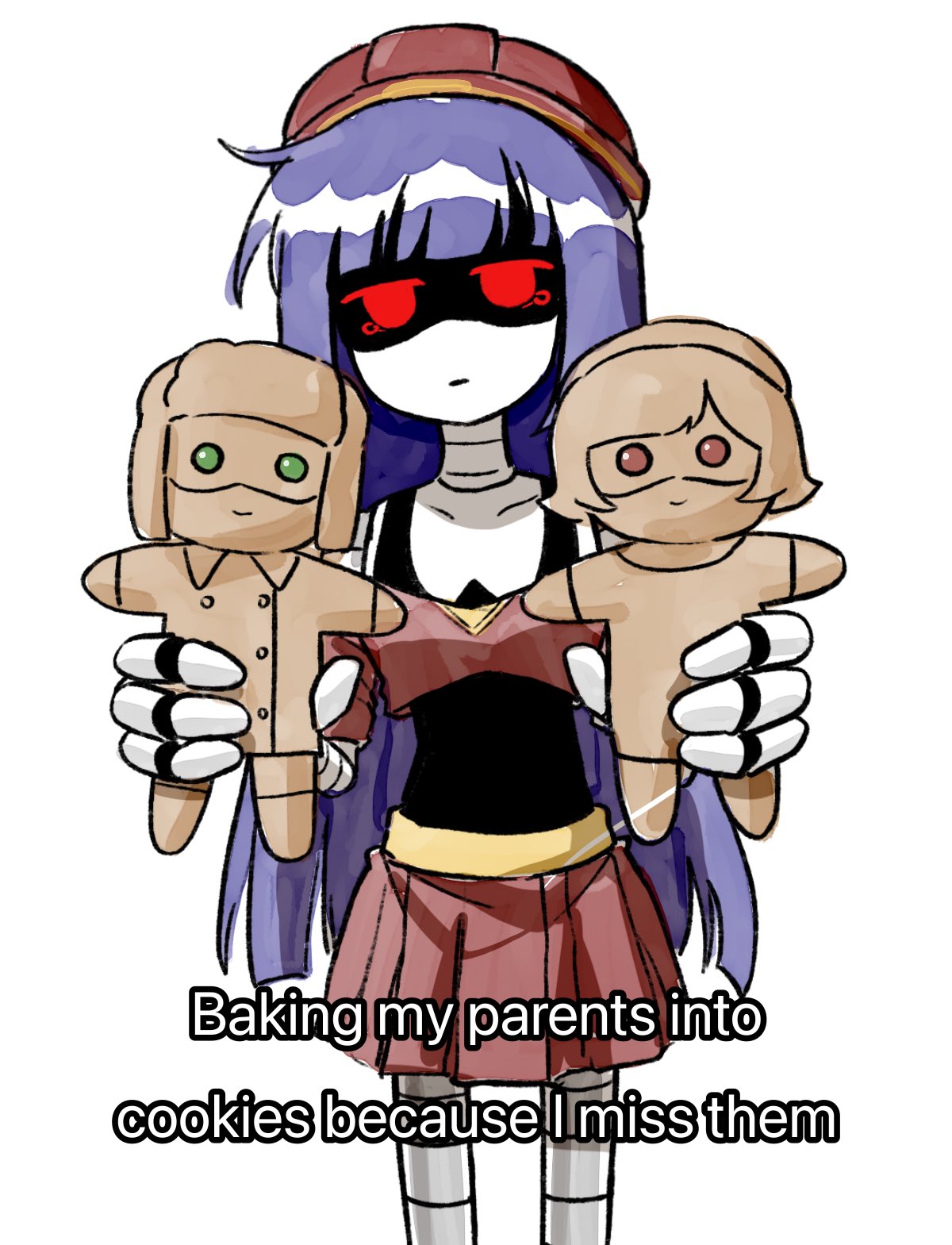 1girl, aida_(aidacamelia0516), android, baking_my_long_distance_bf_into_a_cookie_because_i_miss_him_(meme), closed_mouth, cookie, cowboy_shot, doll's_father_(murder_drones)