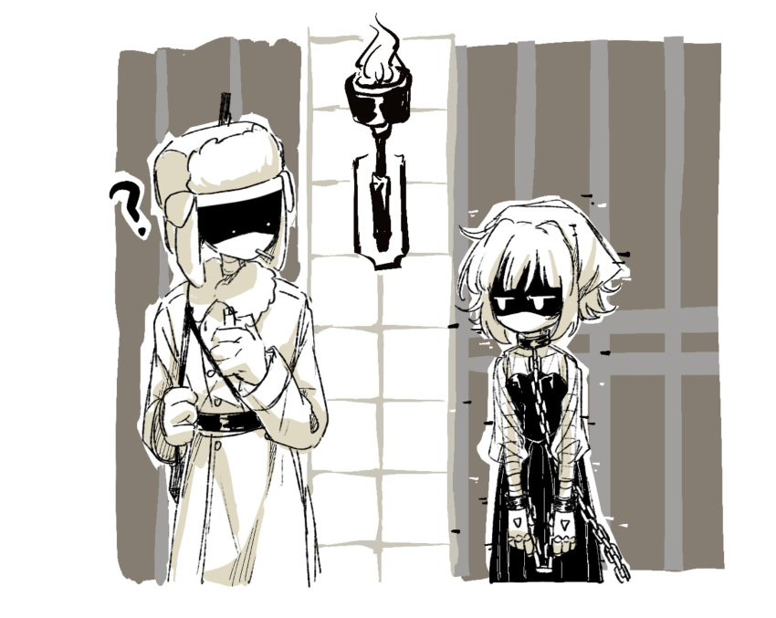 1boy, 1girl, ?, aida_(aidacamelia0516), belt, coat, cowboy_shot, doll's_father_(murder_drones)