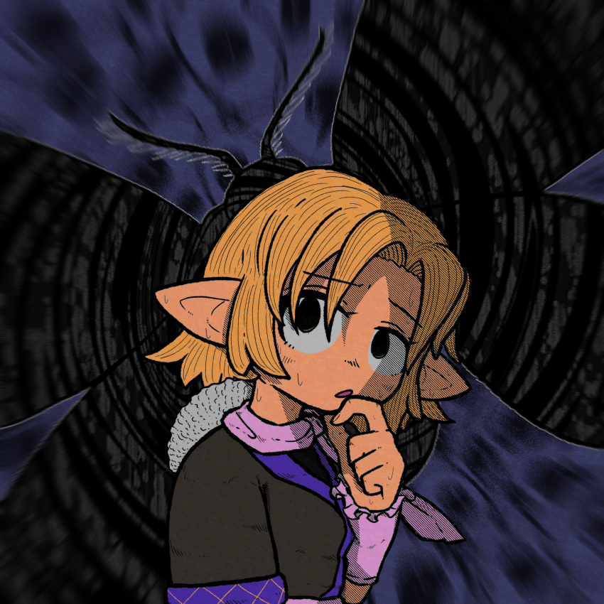 1girl, absurdres, arm_warmers, black_eyes, black_shirt, blonde_hair, bug, commentary_request
