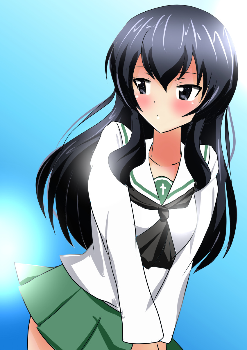 1girl, absurdres, alternate_costume, black_scarf, blue_eyes, blue_hair, blue_sky, blush