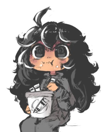 1girl, ahoge, black_dress, black_eyes, black_hair, bucket, chewing, closed_mouth