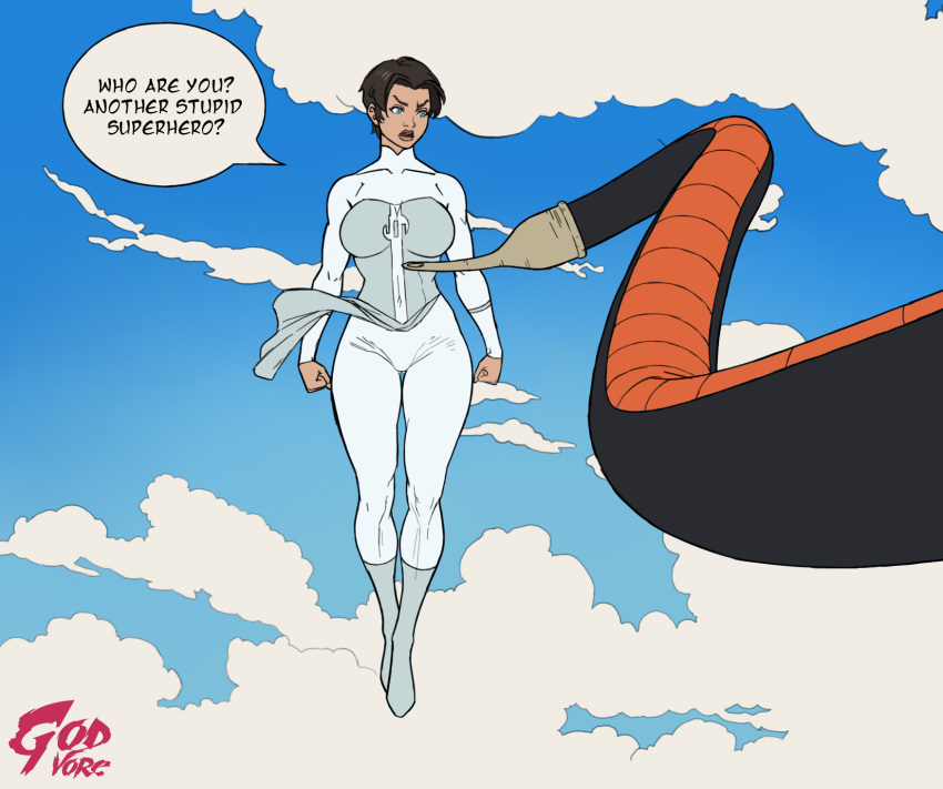 1boy, 1girl, anissa_(invincible), black_hair, blue_eyes, bodysuit, breasts, cell_(dragon_ball)