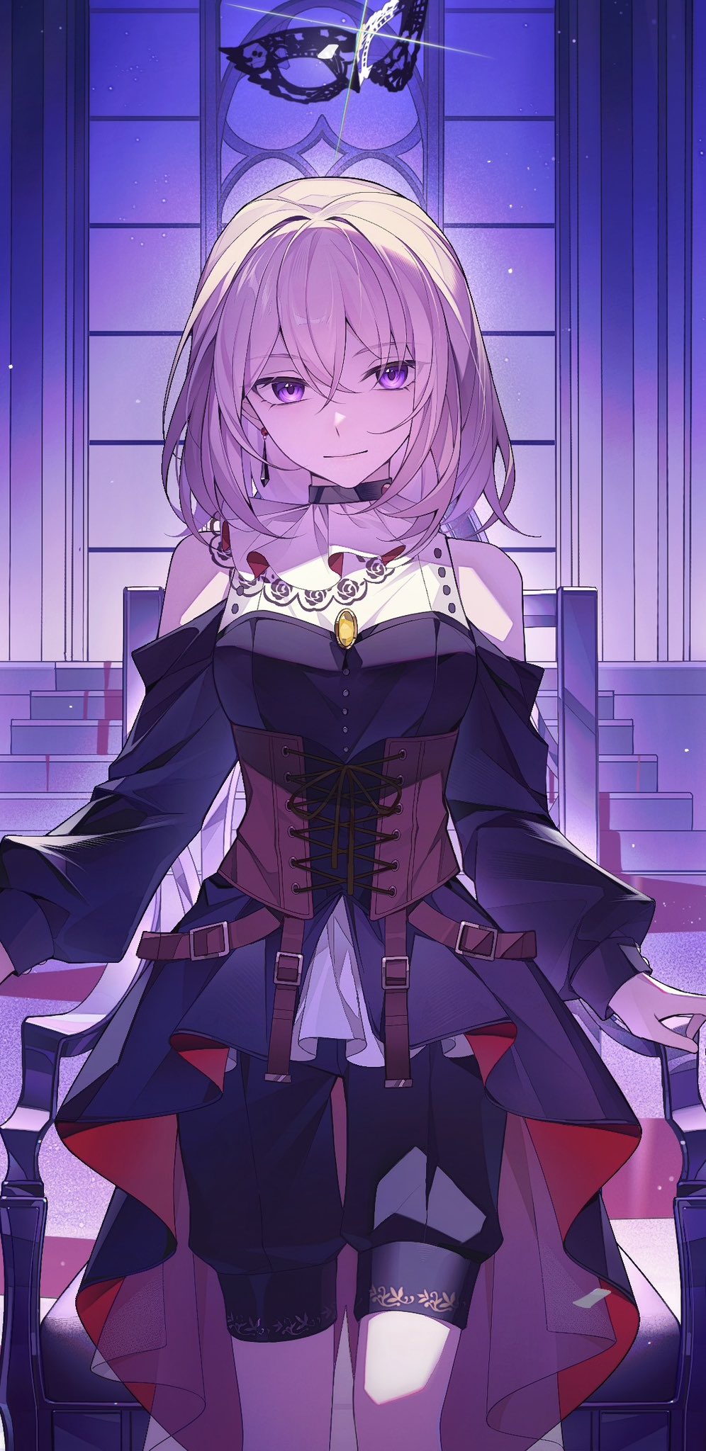 1girl, bang_dream!, bang_dream!_it's_mygo!!!!!, black_dress, black_mask, blonde_hair, brown_corset, chair