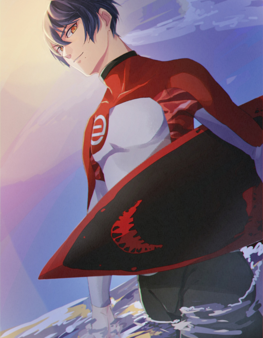 1boy, black_hair, bodysuit, diving_suit, highres, holding, holding_surfboard, iwana_kosuke