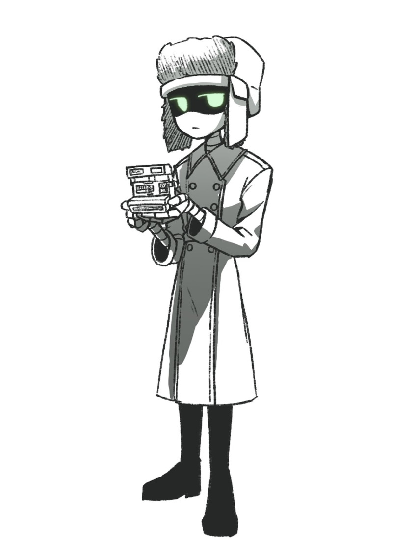 1boy, aida_(aidacamelia0516), boots, buttons, camera, coat, collared_coat, doll's_father_(murder_drones)