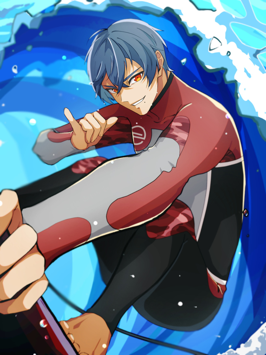 1boy, absurdres, bare_arms, barefoot, bodysuit, diving_suit, grey_hair, highres