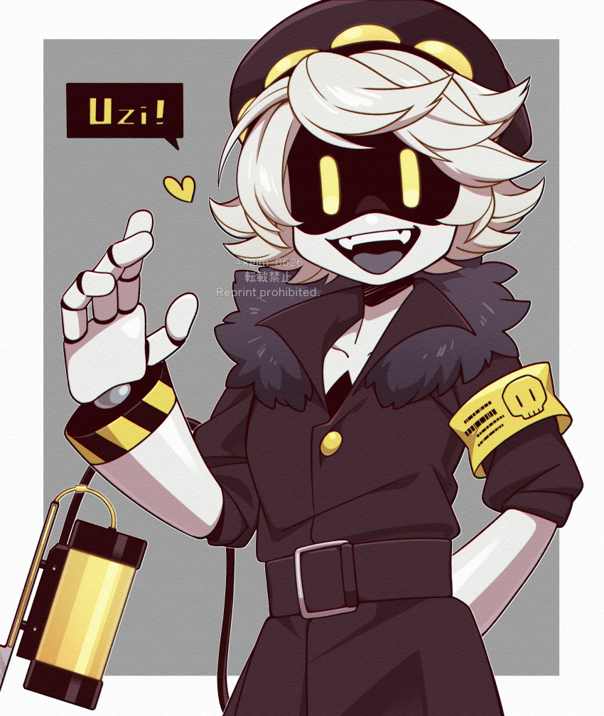 1boy, :d, absurdres, android, arm_behind_back, armband, belt, black_belt