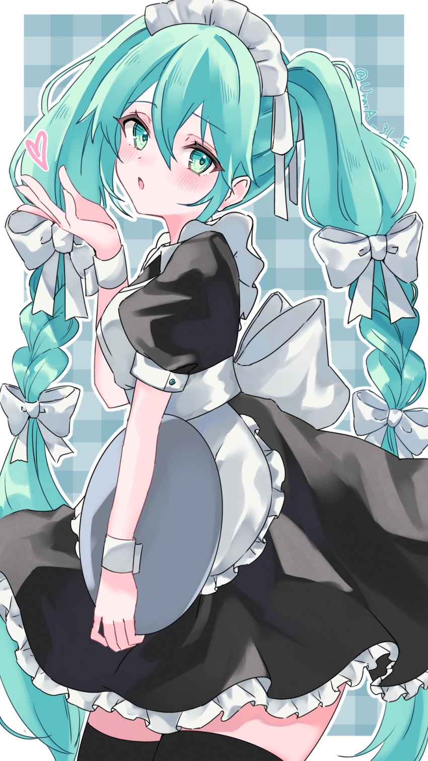 1girl, alternate_costume, apron, aqua_eyes, aqua_hair, black_dress, blush, commentary, cowboy_shot, dress, enmaided, hair_between_eyes, hatsune_miku, highres, long_hair, looking_at_viewer, maid, maid_apron, maid_headdress, open_mouth, short_dress, smile, solo, standing, twintails, urara_31_e, very_long_hair, vocaloid, white_apron