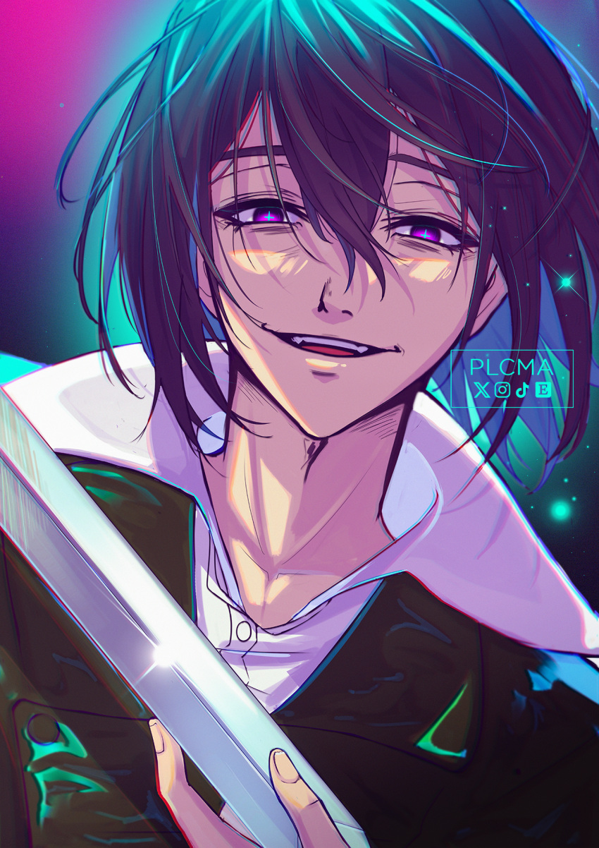 1boy, aqua_pupils, artist_name, black_hair, bungou_stray_dogs, collared_shirt, commentary, cross-shaped_pupils, etsy_logo, evil_smile, fyodor_dostoyevsky_(bungou_stray_dogs), hair_between_eyes, highres, holding, holding_sword, holding_weapon, instagram_logo, jacket, looking_at_viewer, male_focus, open_mouth, plcma, shirt, short_hair, smile, solo, spoilers, sword, symbol-shaped_pupils, teeth, tiktok_logo, twitter_x_logo, upper_body, violet_eyes, weapon, white_shirt