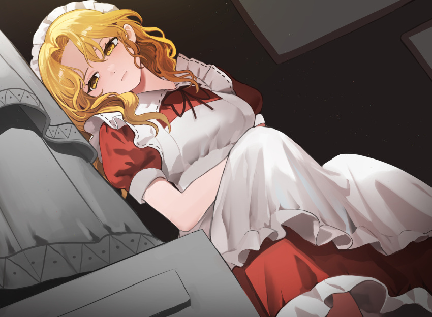 1girl, absurdres, apron, blonde_hair, commission, dress, dutch_angle, highres, maid_apron, maid_headdress, pixiv_commission, red_dress, sarukana, solo, touhou, touhou_(pc-98), wavy_hair, yellow_eyes, yumeko_(touhou)