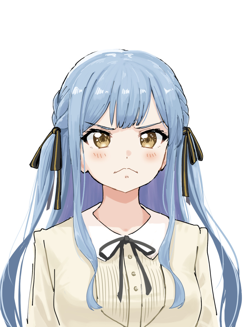 1girl, bang_dream!, bang_dream!_it's_mygo!!!!!, black_ribbon, blue_hair, blush, braid, closed_mouth