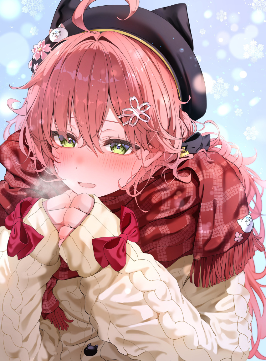1girl, 35p_(sakura_miko), absurdres, ahoge, beret, black_hat, blush, breath