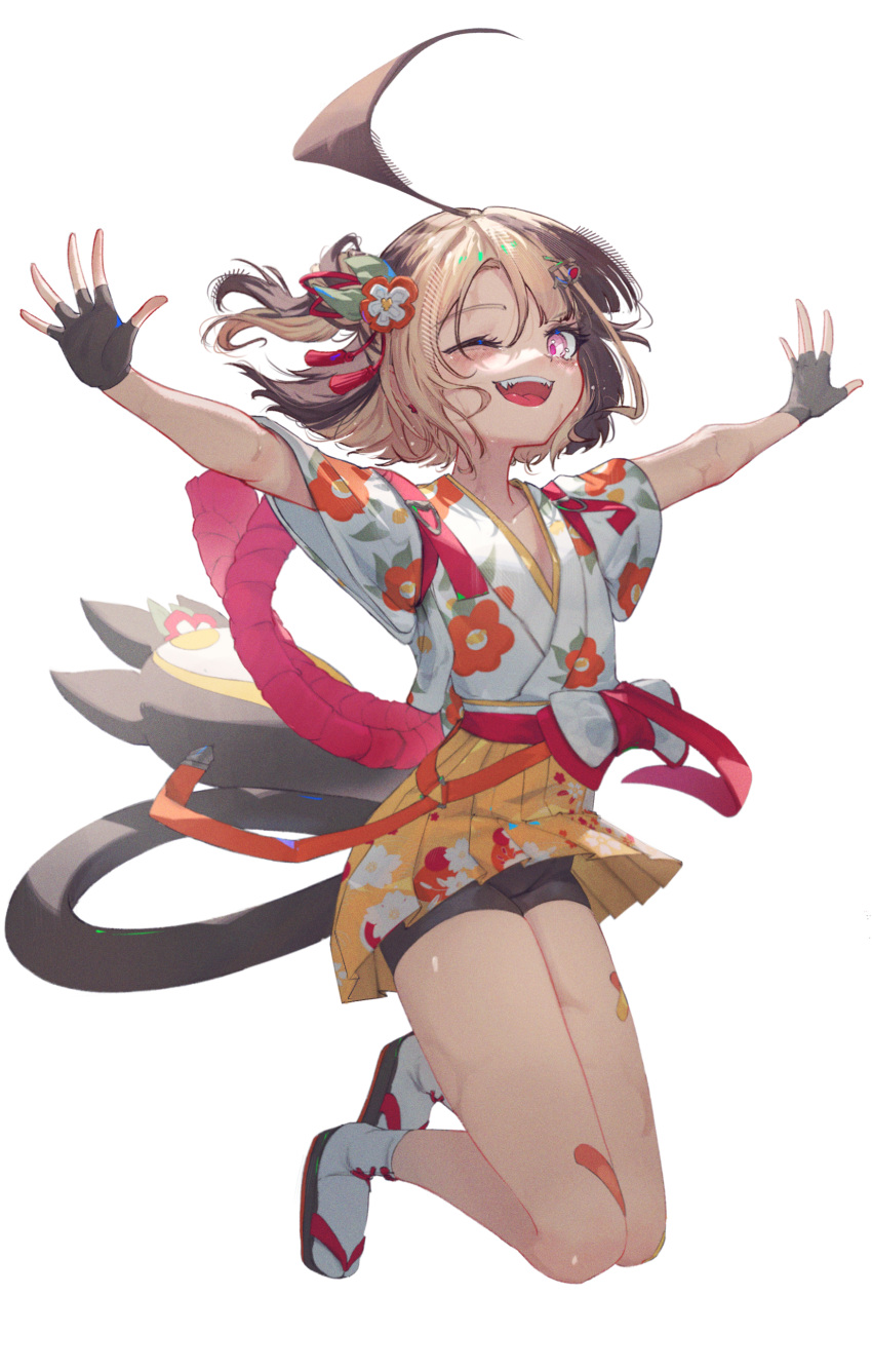 1girl, ;d, absurdres, ahoge, airplane_arms, bandaid_on_thigh, bike_shorts, bike_shorts_under_skirt, black_gloves, black_shorts, blonde_hair, brown_hair, commentary, english_commentary, fingerless_gloves, floral_print, floral_print_kimono, flower, full_body, gigi_murin, gigi_murin_(new_year), gloves, hair_flower, hair_ornament, hairclip, hakama, hakama_short_skirt, hakama_skirt, highres, hololive, hololive_english, huge_ahoge, japanese_clothes, kanzashi, kimono, looking_at_viewer, multicolored_hair, official_alternate_costume, official_alternate_hairstyle, one_eye_closed, one_side_up, outstretched_arms, pink_eyes, rope, sandals, shimenawa, short_hair, short_shorts, shorts, simple_background, skirt, smile, socks, solo, spread_arms, tabi, tail, tasuki, teeth, toripisu, tsumami_kanzashi, two-tone_hair, upper_teeth_only, virtual_youtuber, white_background, white_kimono, white_socks, wide_sleeves, x_hair_ornament, yellow_hakama, zouri
