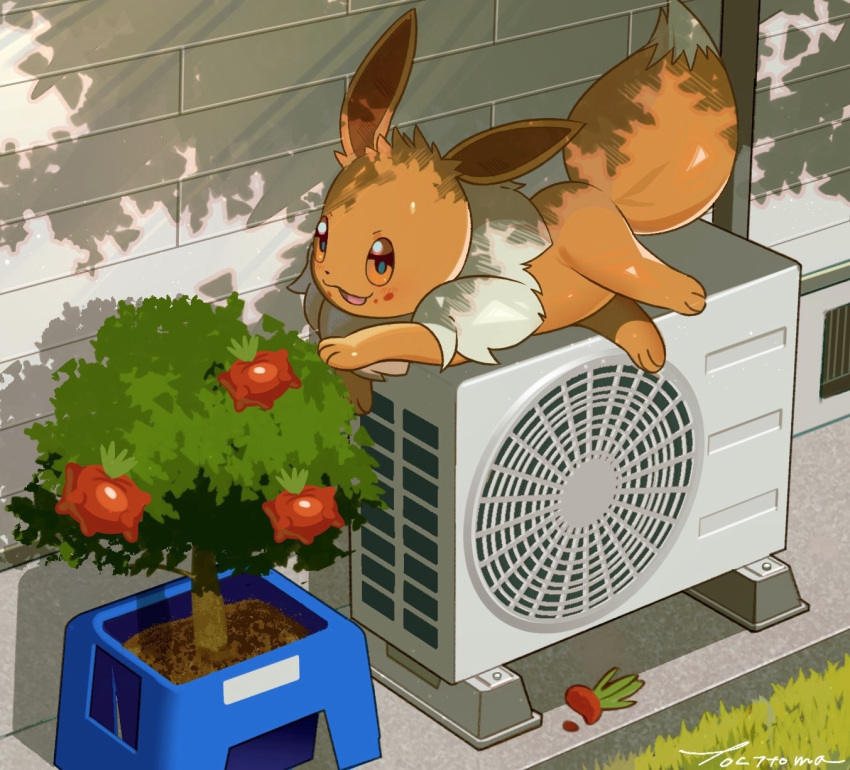 :d, =_(9_yawbus), brown_eyes, commentary_request, day, eevee, food, food_on_face