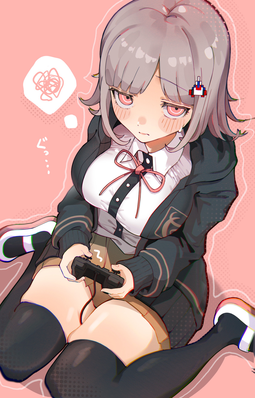 1girl, absurdres, blush, breasts, brown_hair, collared_shirt, controller, danganronpa_(series)