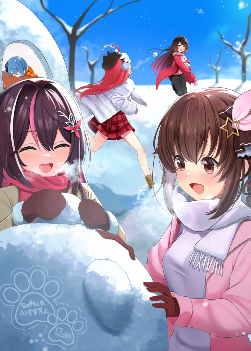 0th_generation_(hololive), 5girls, ahoge, azki_(hololive), black_pants, blue_hair, blue_sky, blush